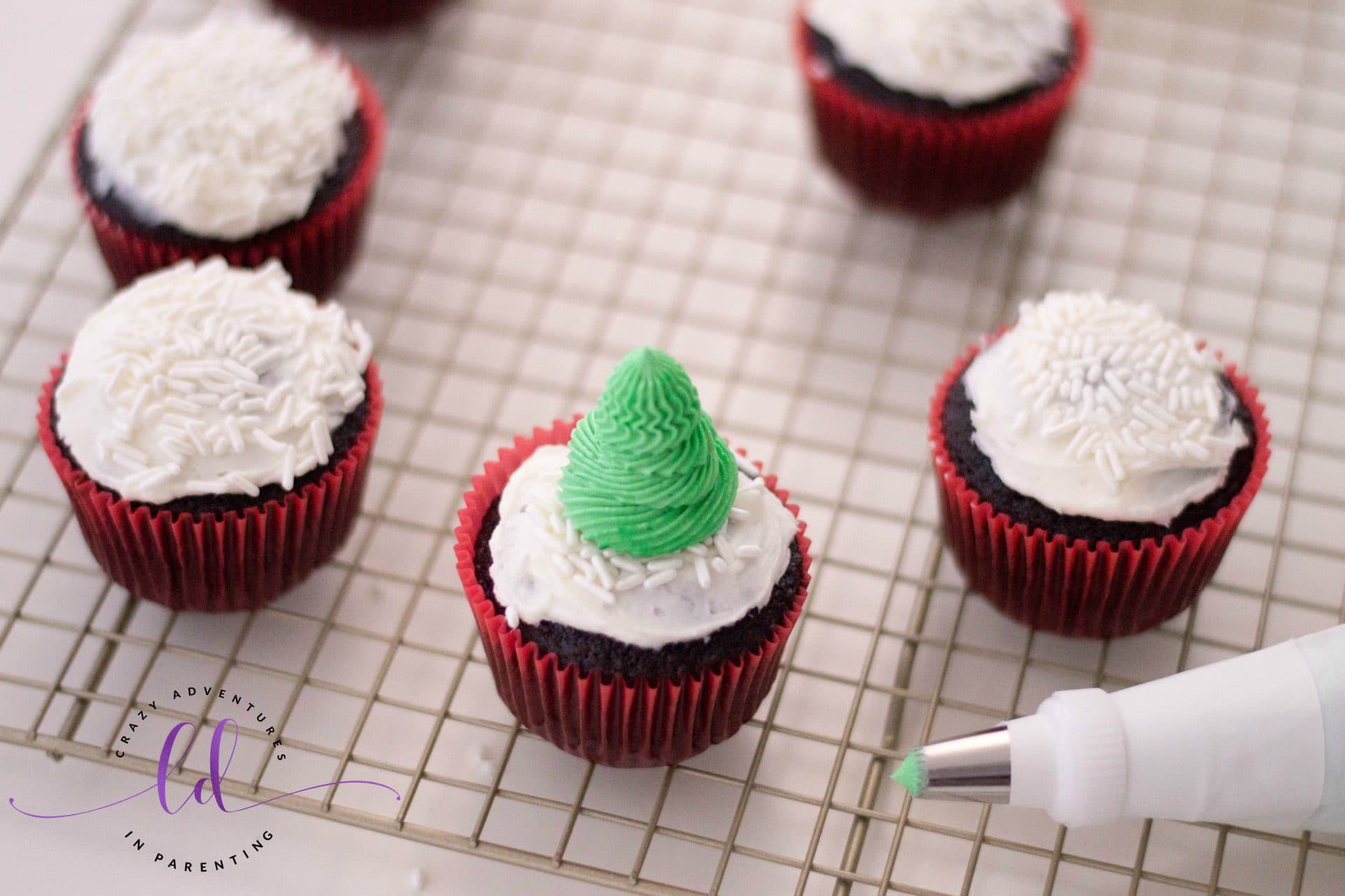 Christmas Tree Piped onto Cupcakes with Buttercream Frosting