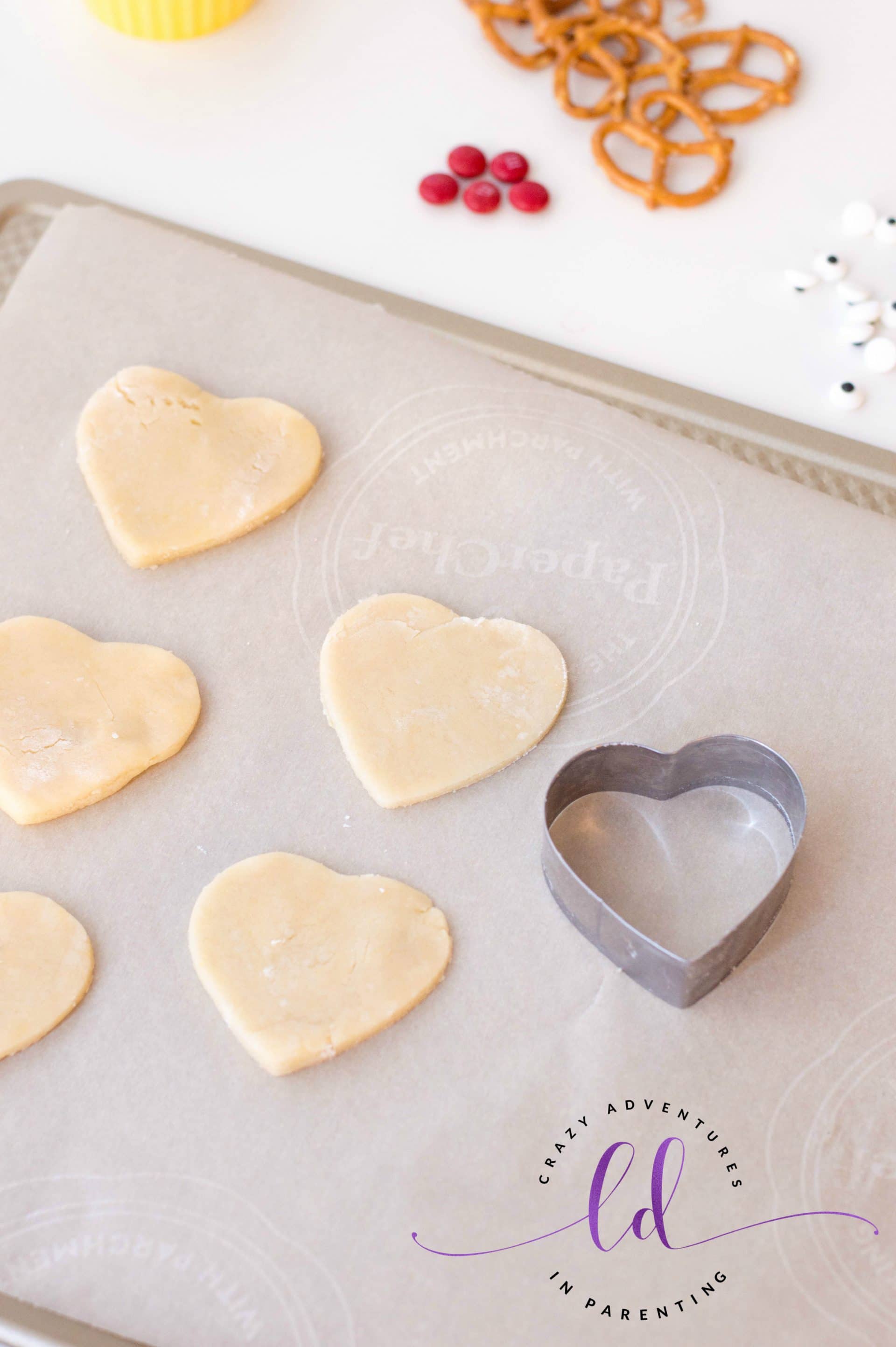 Cut Out Sugar Cookie Hearts for Rudolph Cookies
