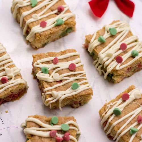 Christmas Blondies with White Chocolate Drizzle