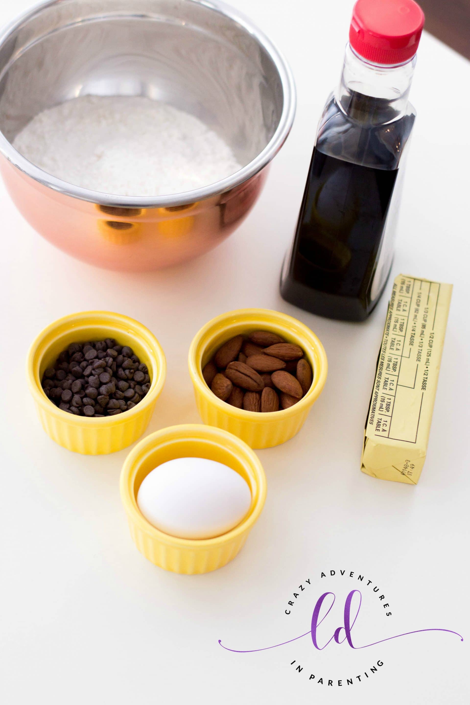 Ingredients for Chocolate Almond Thumbprint Cookies