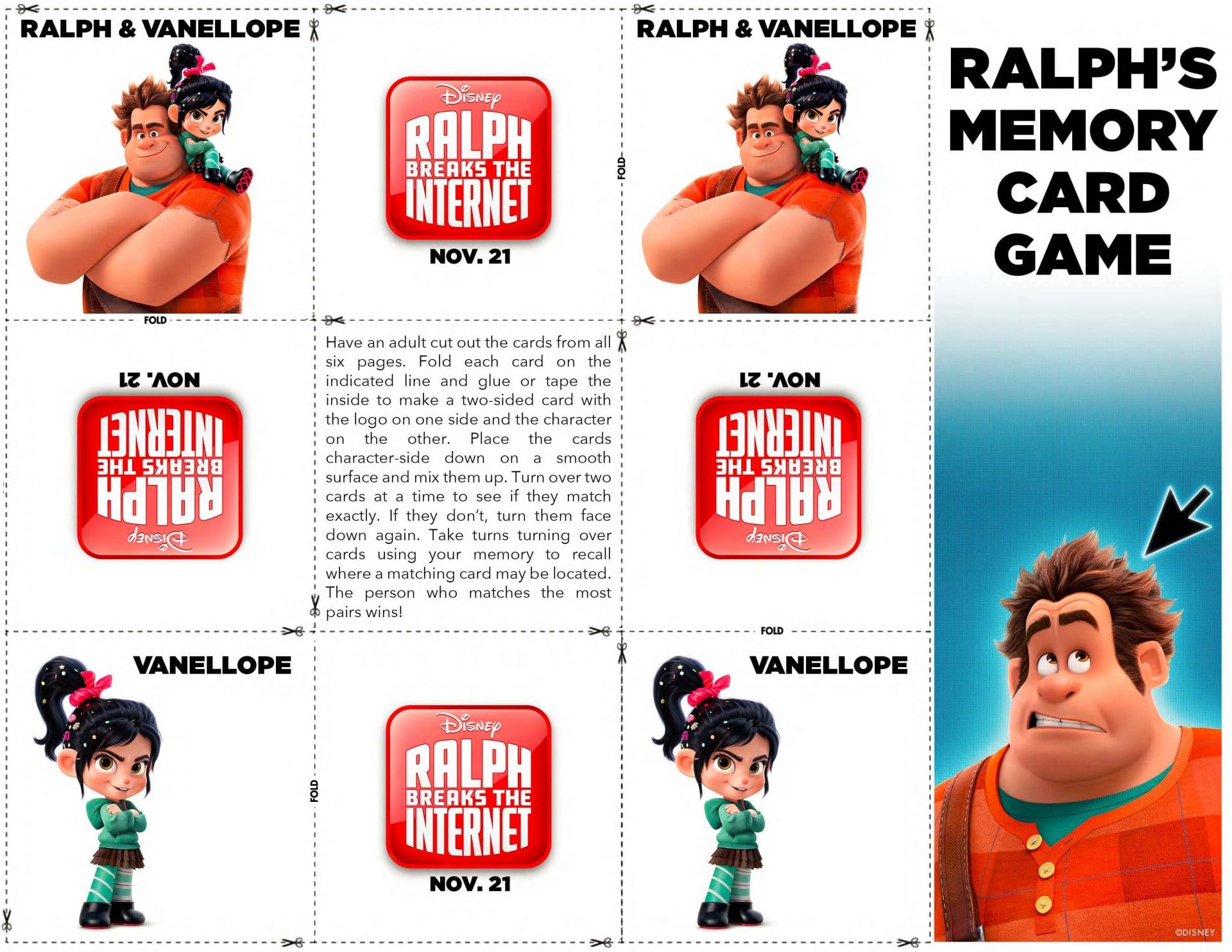Ralph's Memory Card Game - Ralph Breaks The Internet Coloring Pages and Activity Sheets