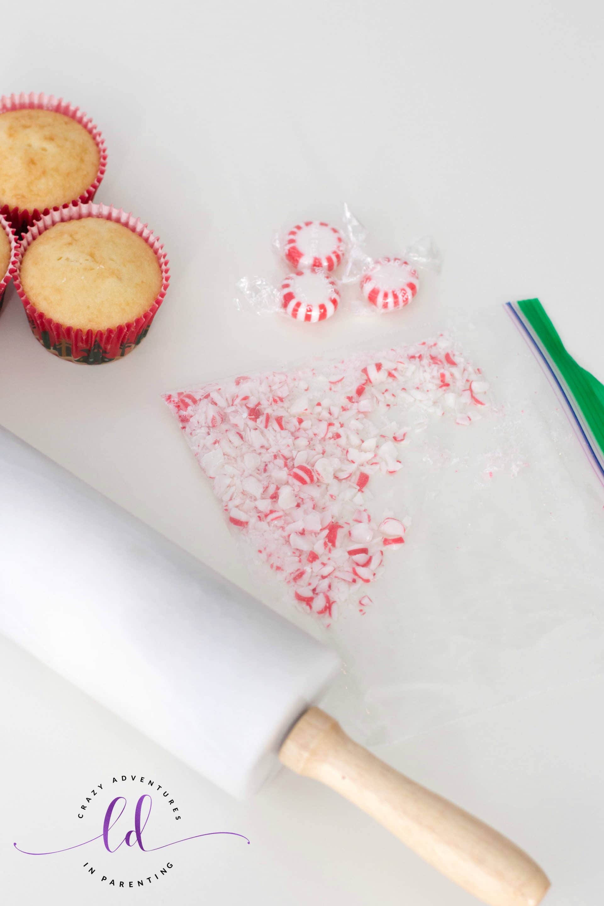 Smash candies for Peppermint Cupcakes