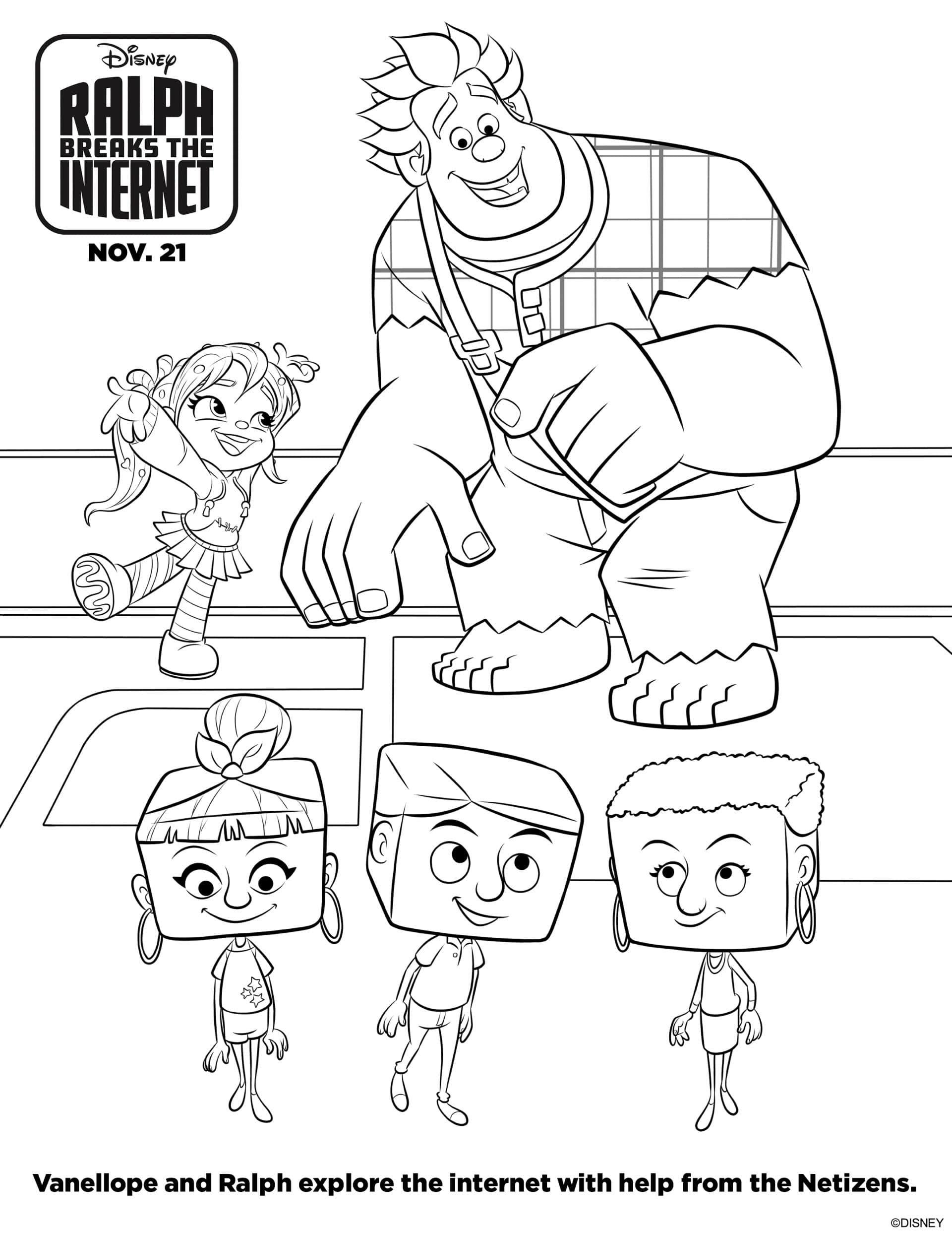 Vanellope and Ralph with Netizens- Ralph Breaks The Internet Coloring Pages and Activity Sheets