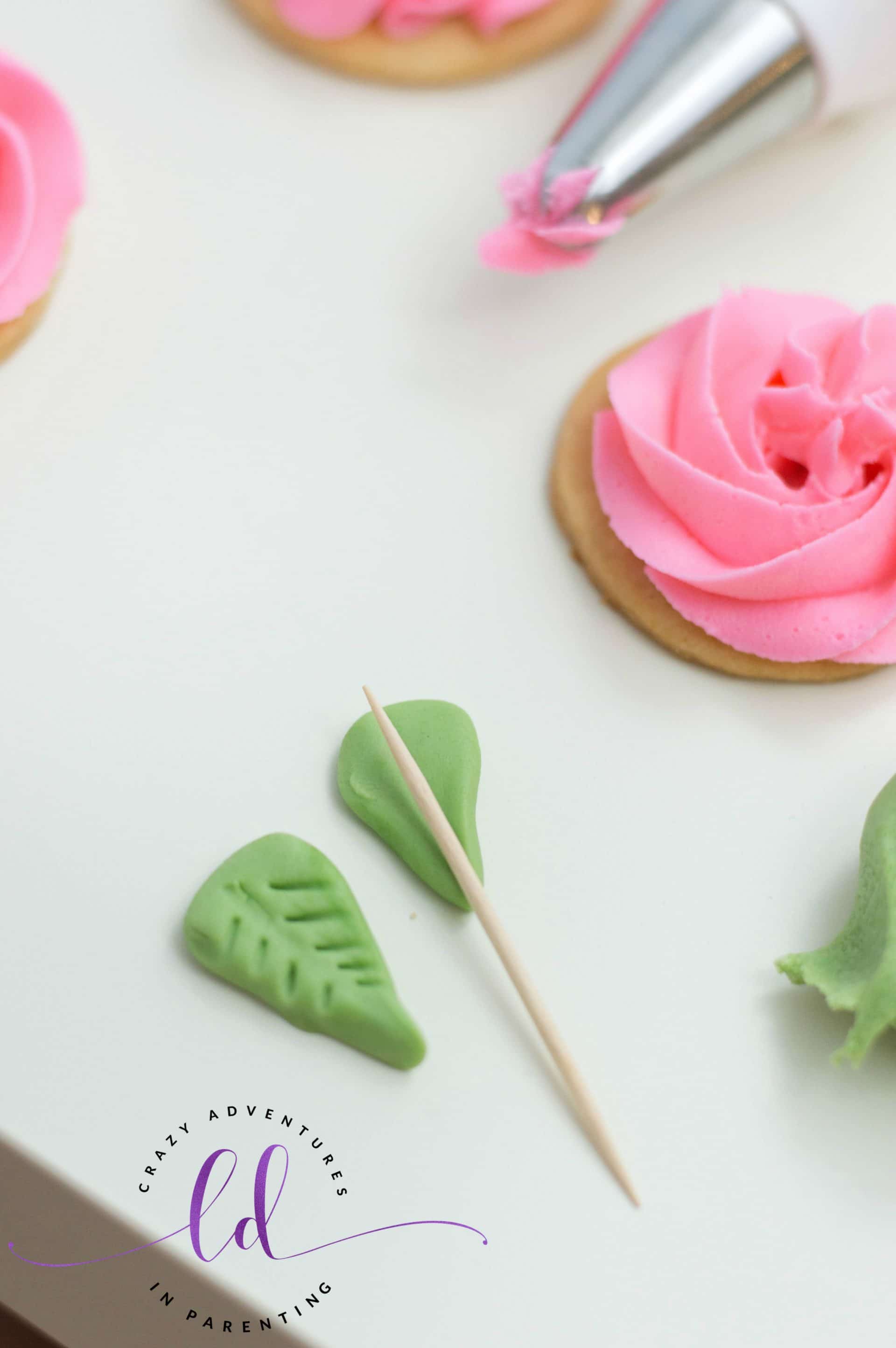 Use toothpick to score leaves for Rose Sugar Cookies