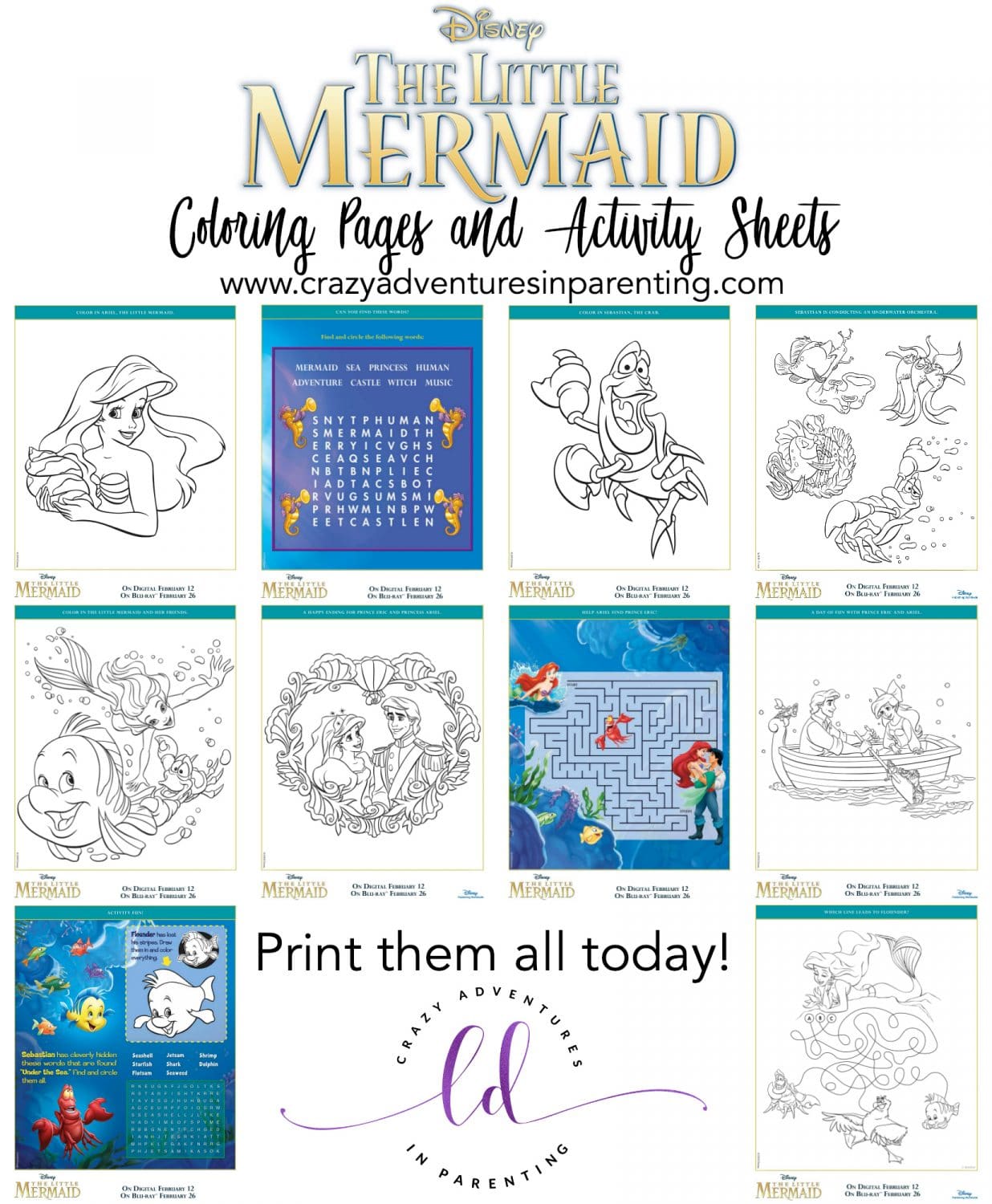 The Little Mermaid Coloring Pages and Activity Sheets