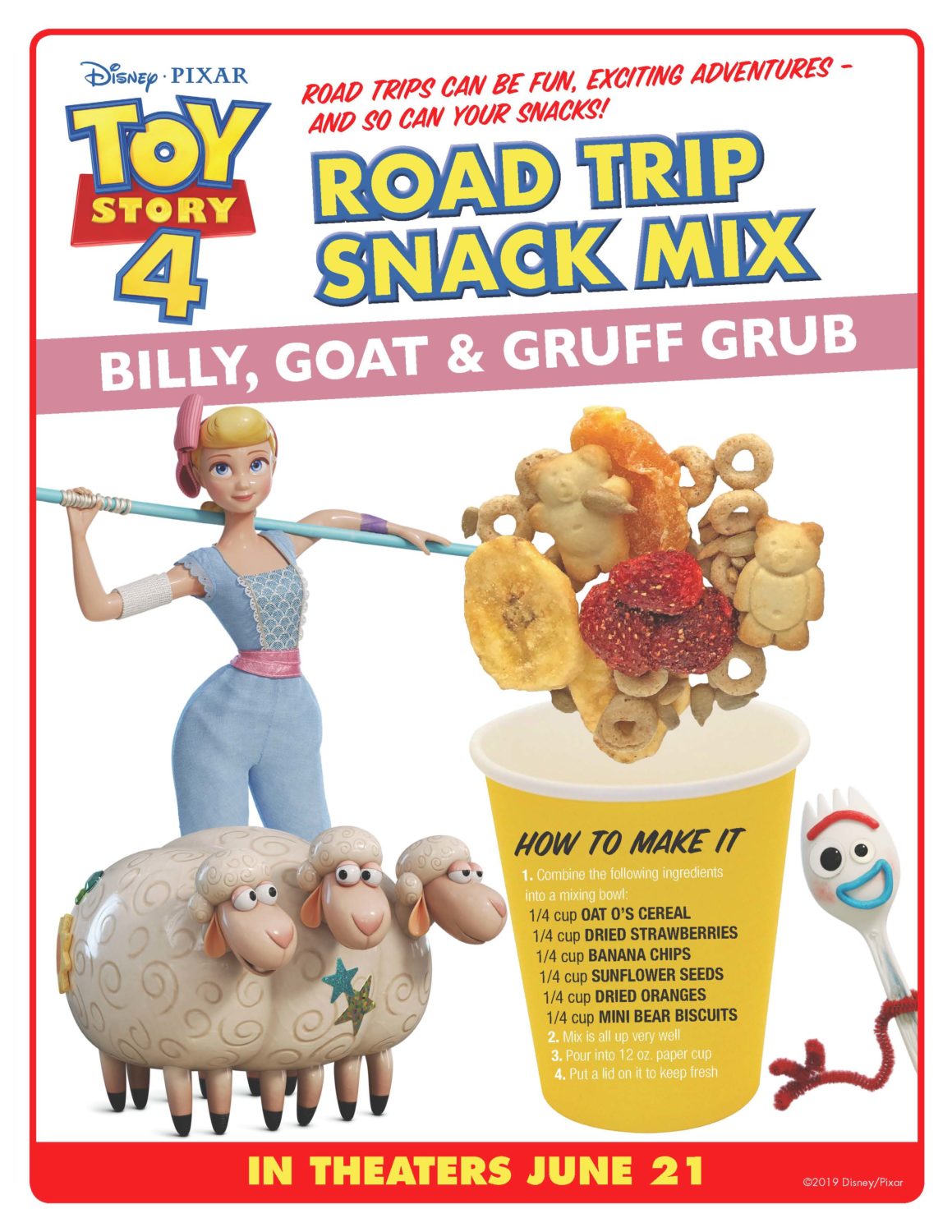 Toy Story 4 Recipe Road Trip Snack Mix Billy Goat and Gruff Grub Activity Sheet