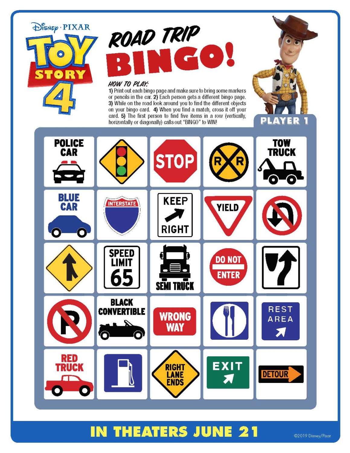 Toy Story 4 Road Trip Bingo Activity Sheet and Coloring Page
