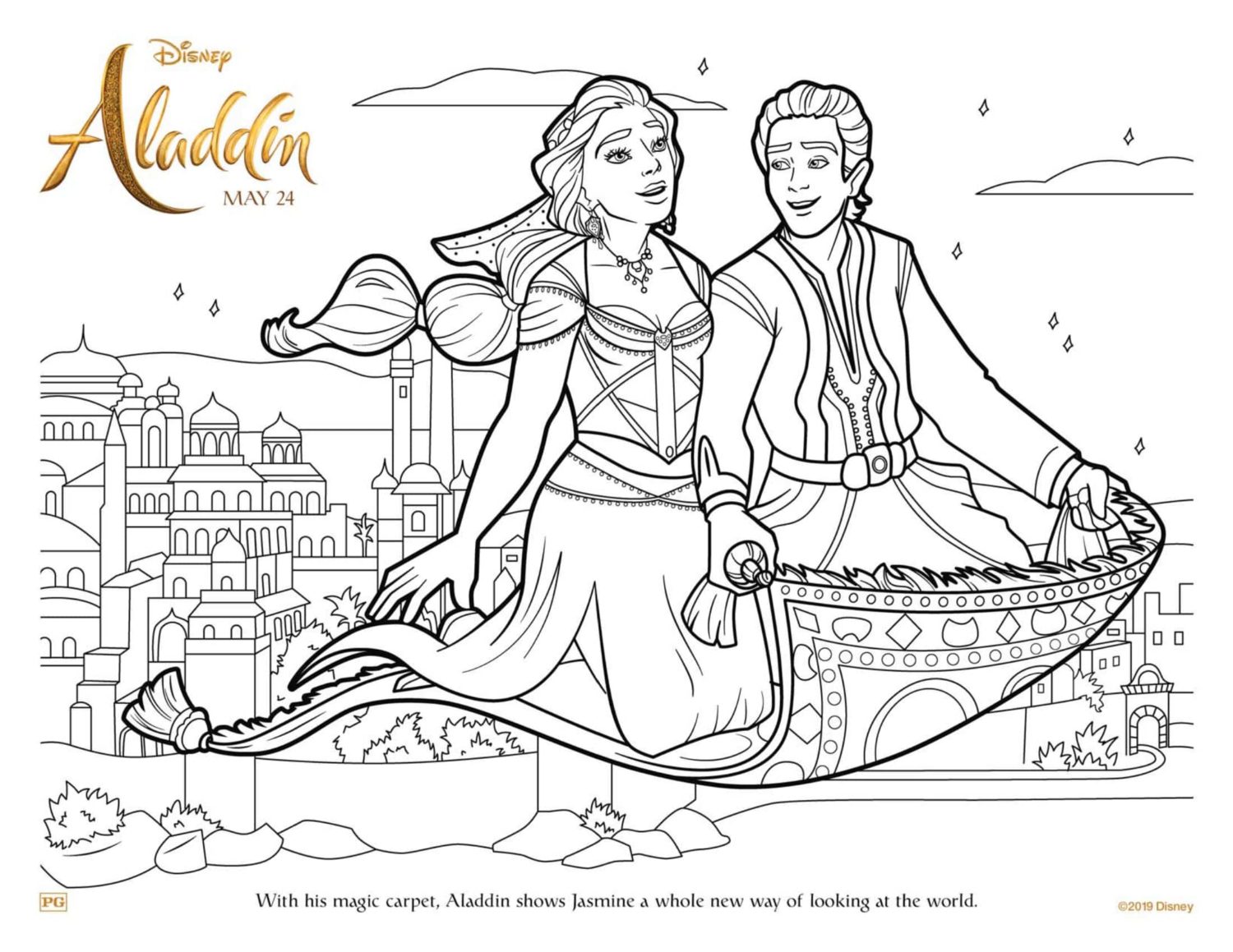Aladdin and Jasmine Magic Carpet Ride Coloring Page and Activity Sheet