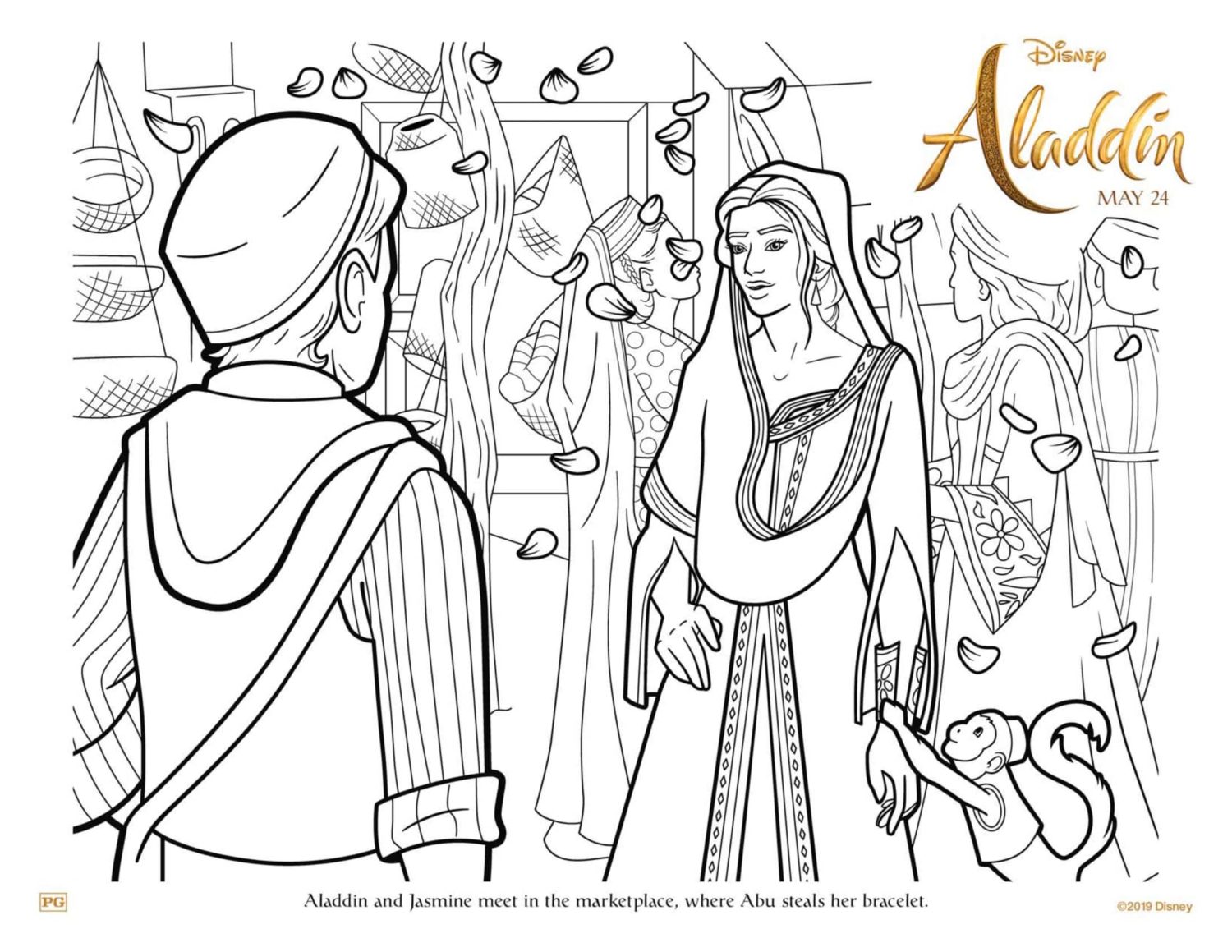 Aladdin and Jasmine in the Market Coloring Page and Activity Sheet