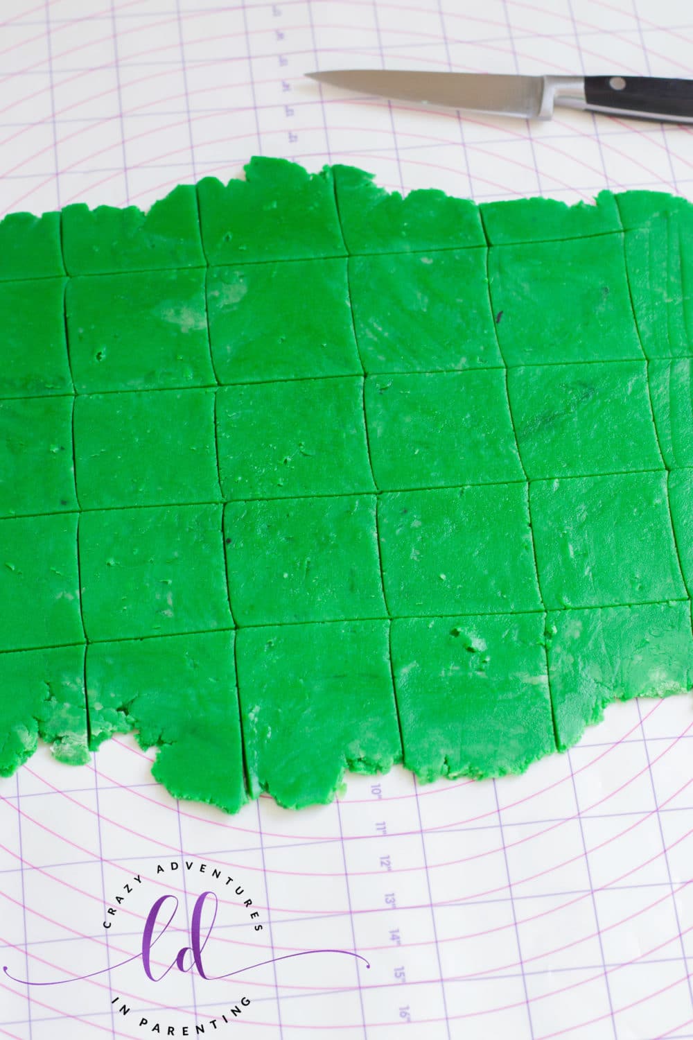 Cut Dough into Squares for Frankenstein Cookies