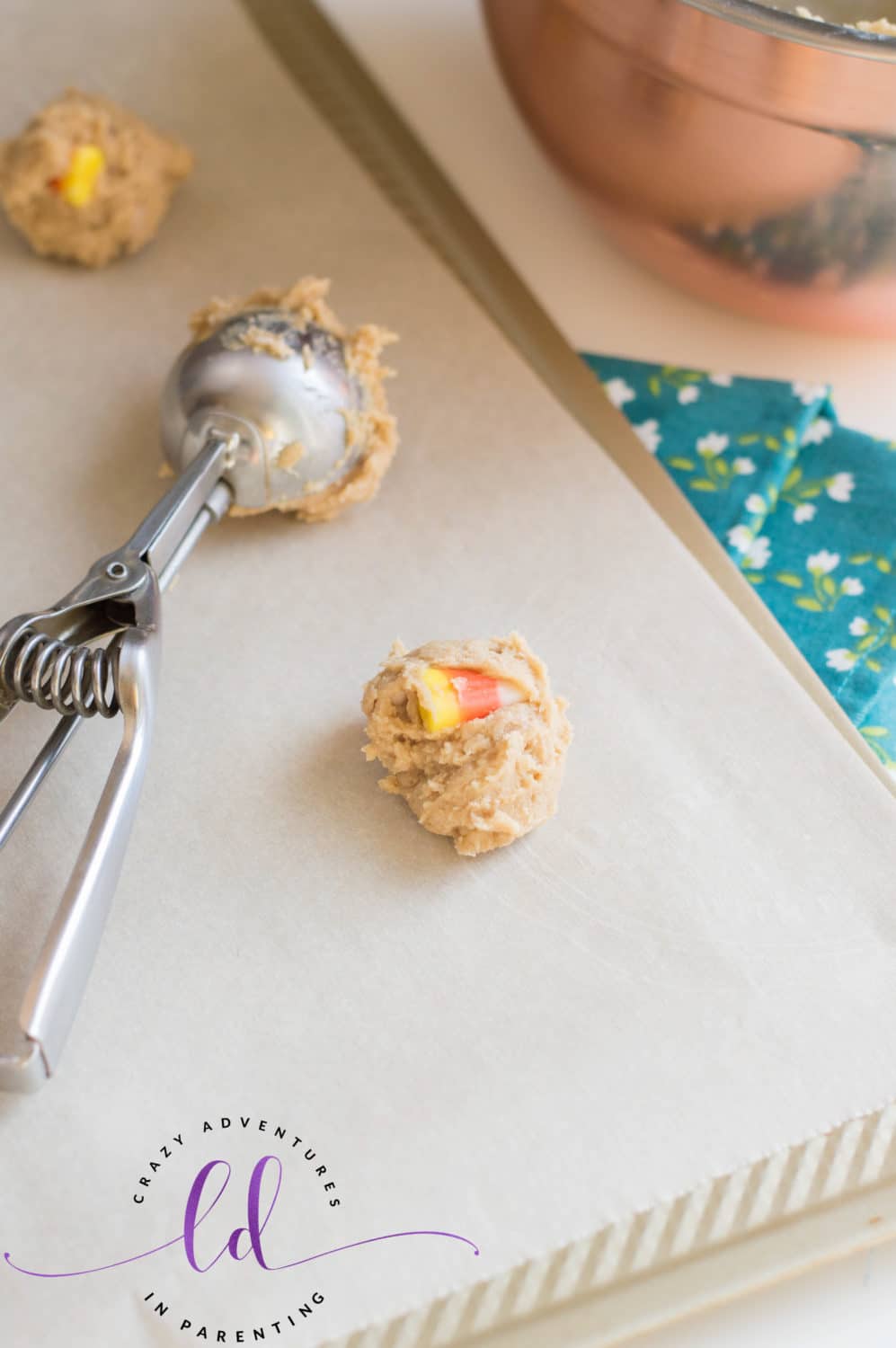 Drop Spoonfuls of Cookie Batter onto Baking Sheet to Make Candy Corn Peanut Butter Cookies
