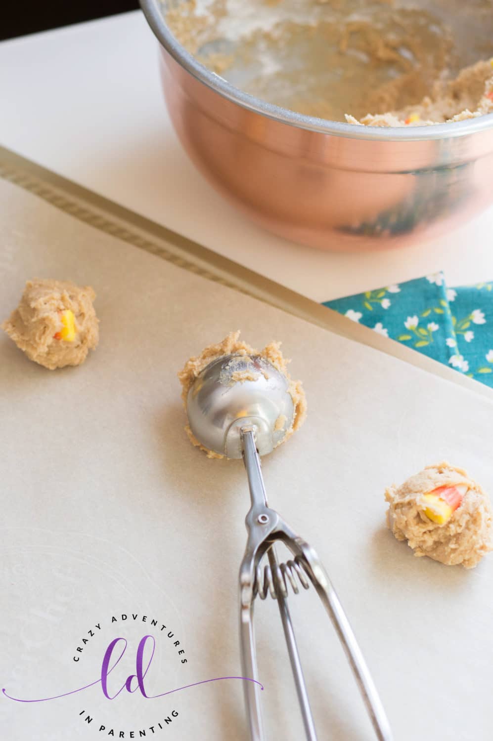 Spoon Batter onto Baking Sheet to Make Candy Corn Peanut Butter Cookies
