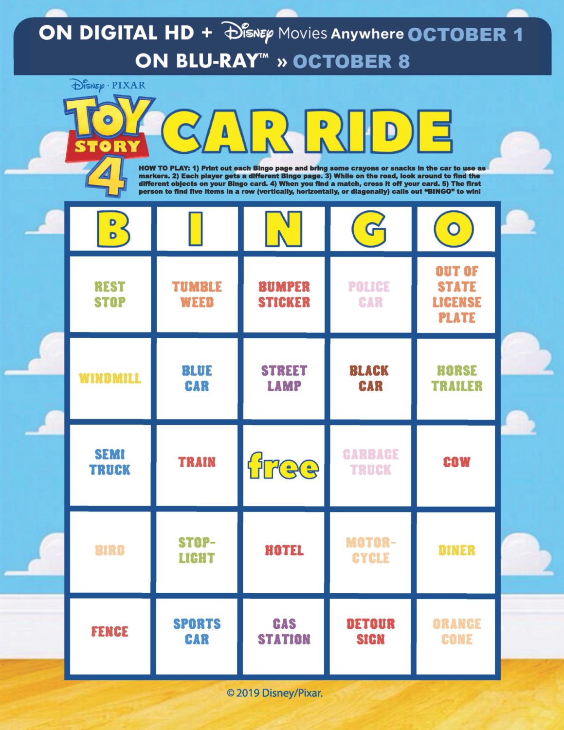 Toy Story 4 Car Ride Bingo Game Card Printable