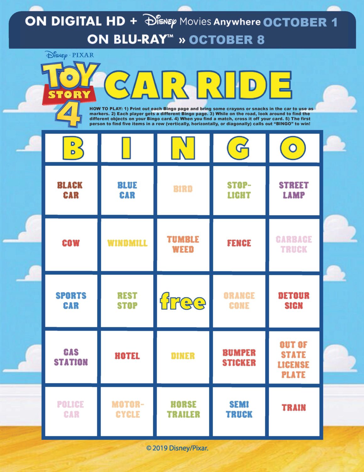 Toy Story 4 Car Ride Bingo Game Printable