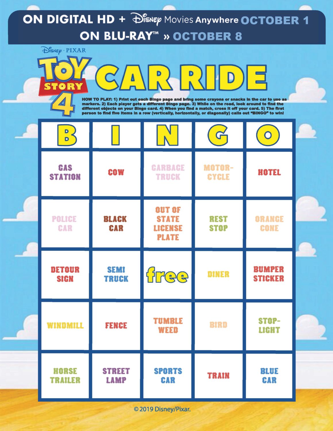 Toy Story 4 Car Ride Bingo Printable