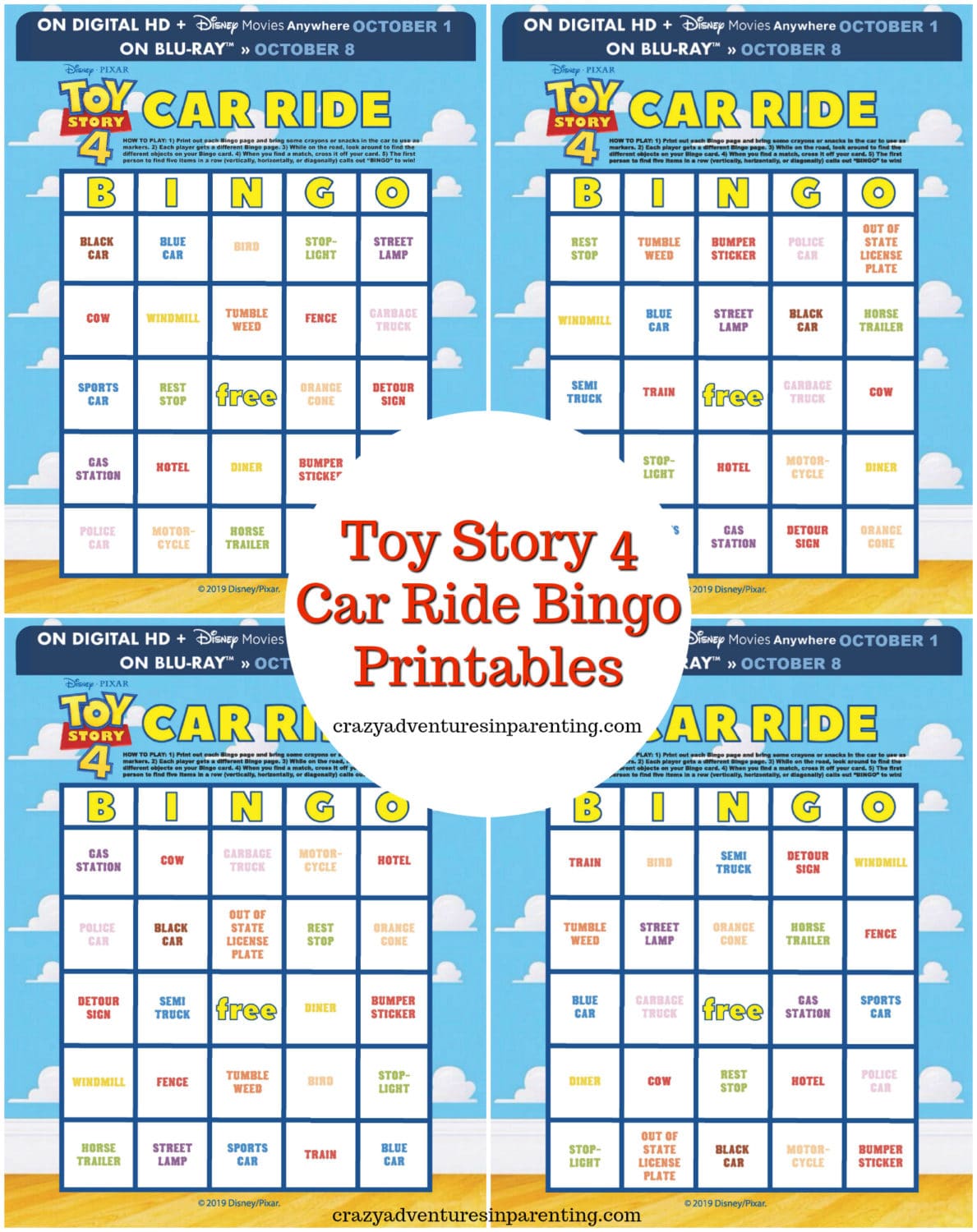 Toy Story 4 Car Ride Bingo Printables for Kids