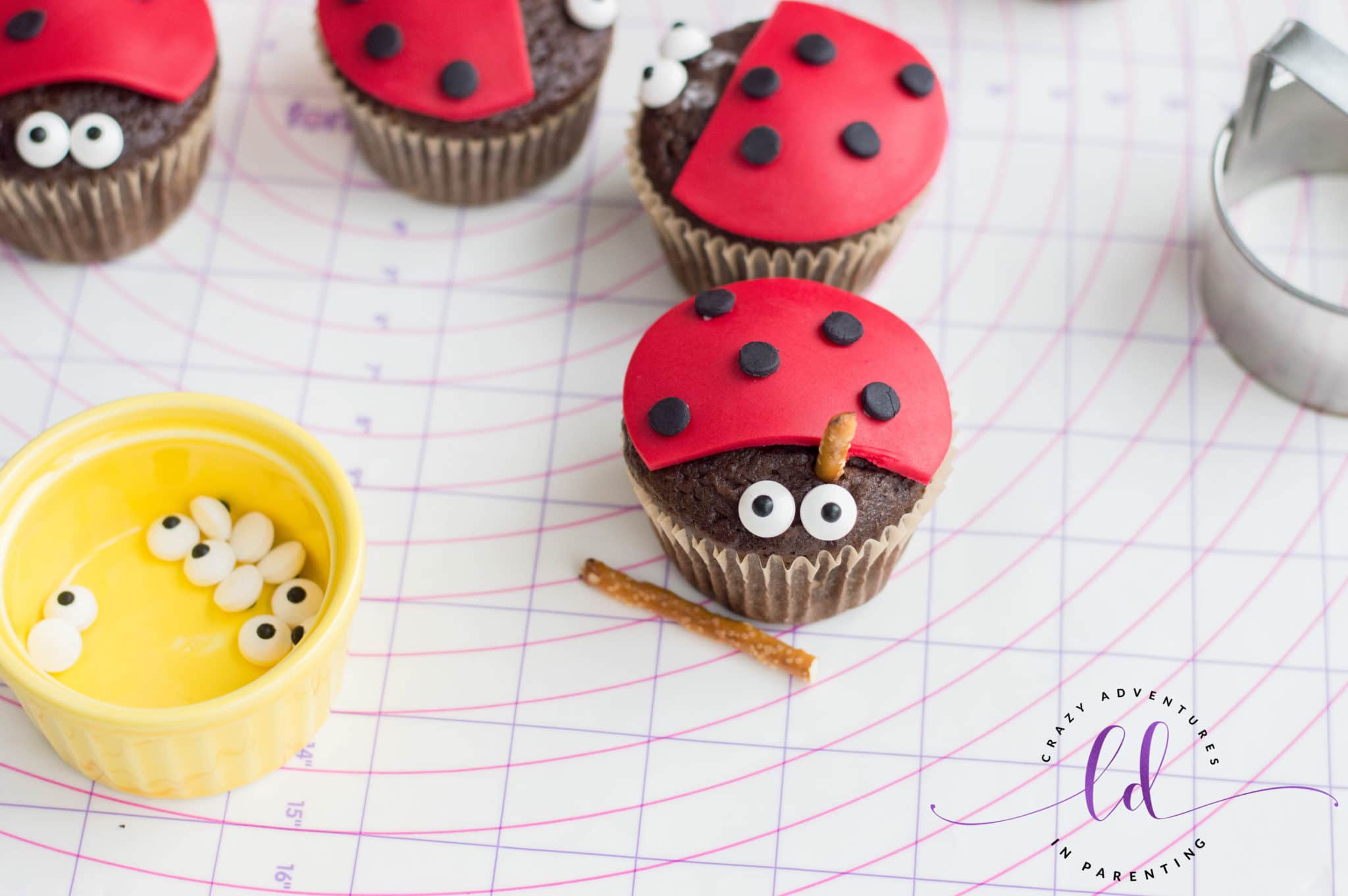 Add Pretzel Sticks to Ladybug Lovebug Cupcakes
