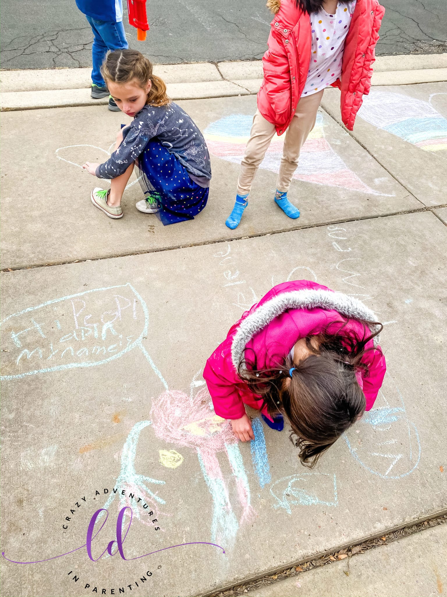 Drawing with sidewalk chalk for her Leap Day Birthday