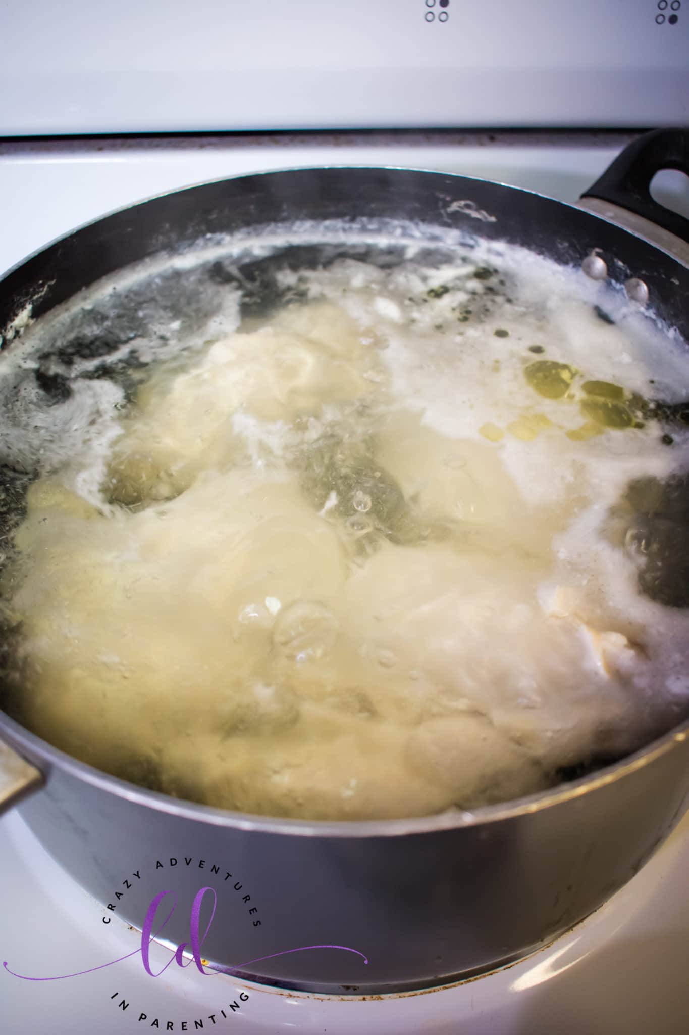 Boiling Chicken to Make Buffalo Chicken Bacon Ranch Quesadillas