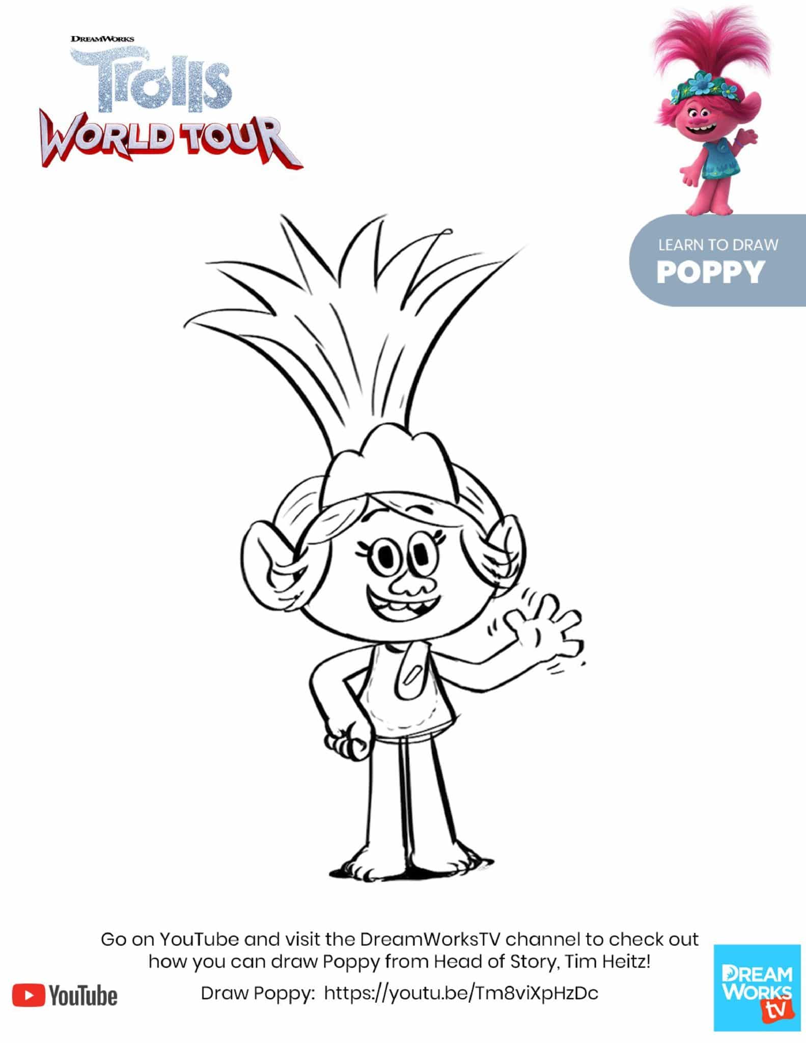 Learn to Draw Poppy - Trolls World Tour Coloring Pages