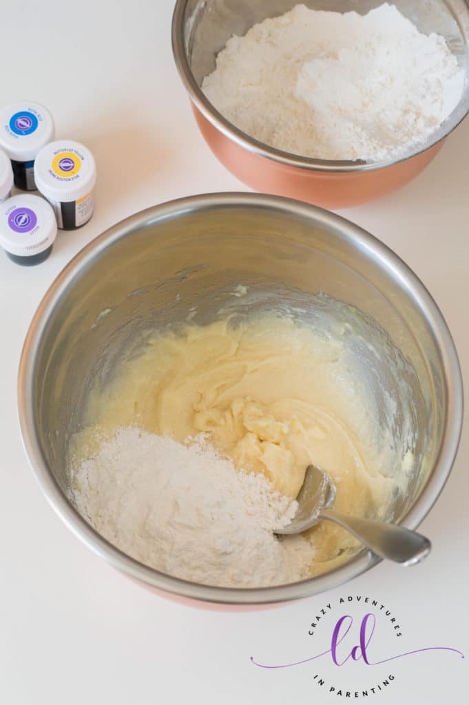 Add dry ingredients to wet to make Rainbow Unicorn Cookies